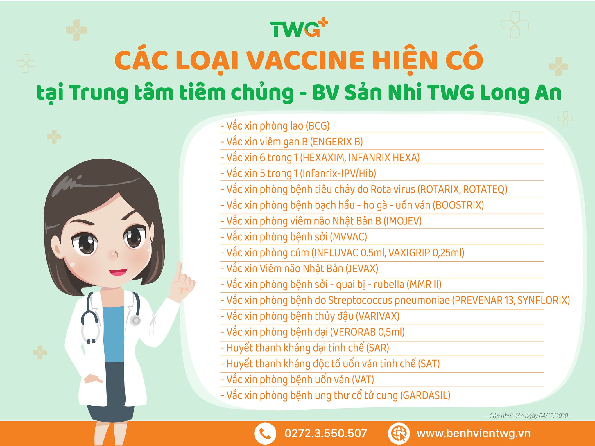 CÁC LOẠI VACCINE HIỆN CÓ TẠI TRUNG TÂM TIÊM CHỦNG BV SẢN NHI TWG LONG AN