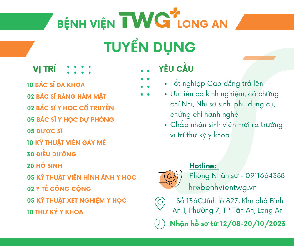 BỆNH VIỆN TWG LONG AN THÔNG BÁO TUYỂN DỤNG NHÂN VIÊN Y TẾ